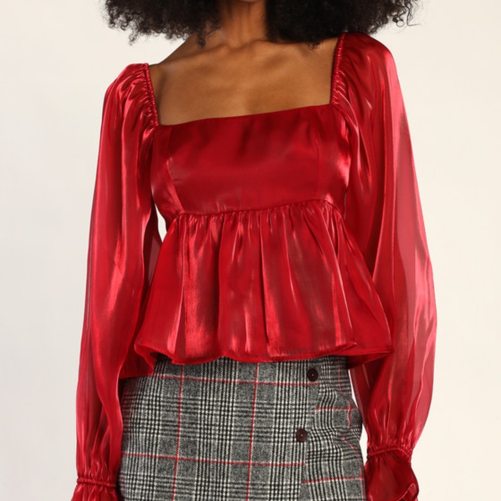 NWOT • Lulus • Sheer Romantic Red Shiny Long Sleeve Square Neck Top • Size S